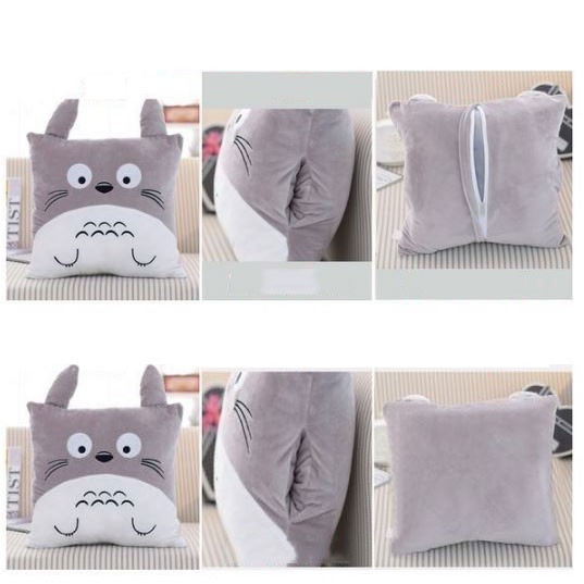 Bộ chăn gối văn phòng 3 in 1 Totoro vuông màu xám có thể mang đi du lịch tiện lợi