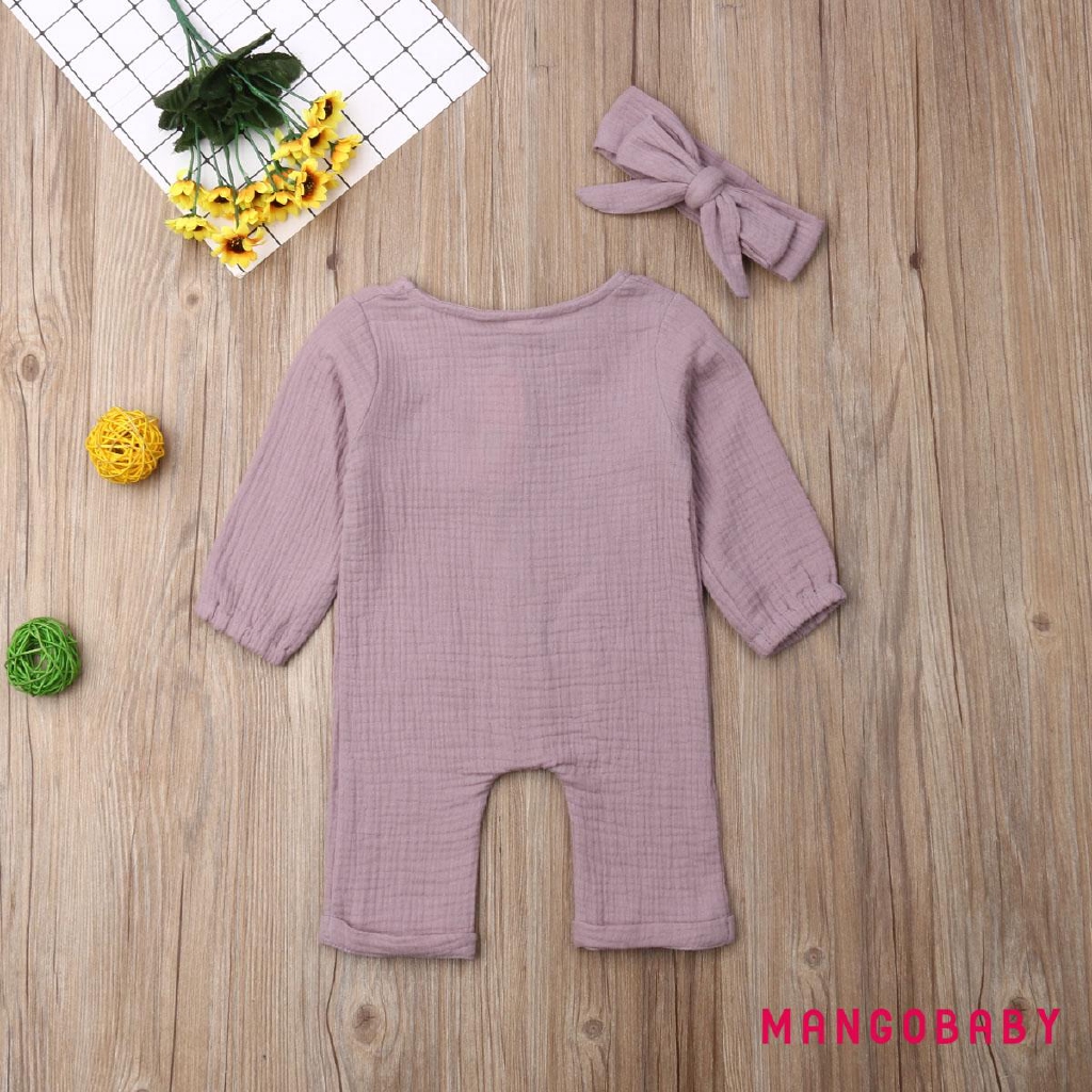 Bộ Áo Liền Quần Cotton Tay Dài Màu Trơn Cho Bé Gái Sơ Sinh