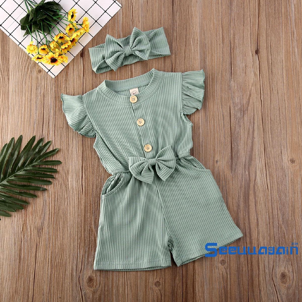 Jumpsuit Sát Nách Phối Nơ Cho Bé Gái