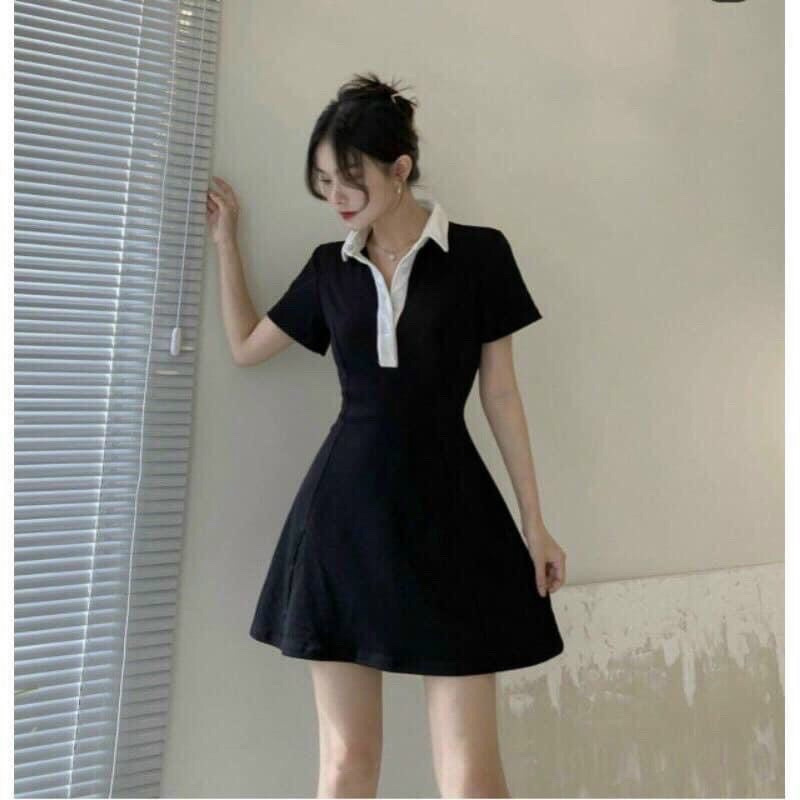 váy body nữ,váy polo nữ cộc tay màu đen cổ phối trắng 1 màu cá tính