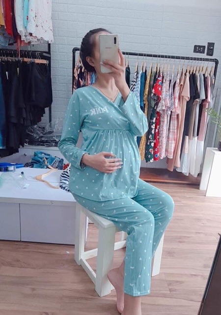 Bộ Pink bầu và sau sinh dài tay vạt chéo cho mẹ