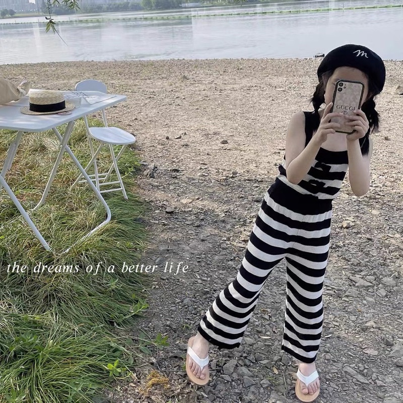 Bộ sọc ngang 3 nơ quần sớ cho bé gái