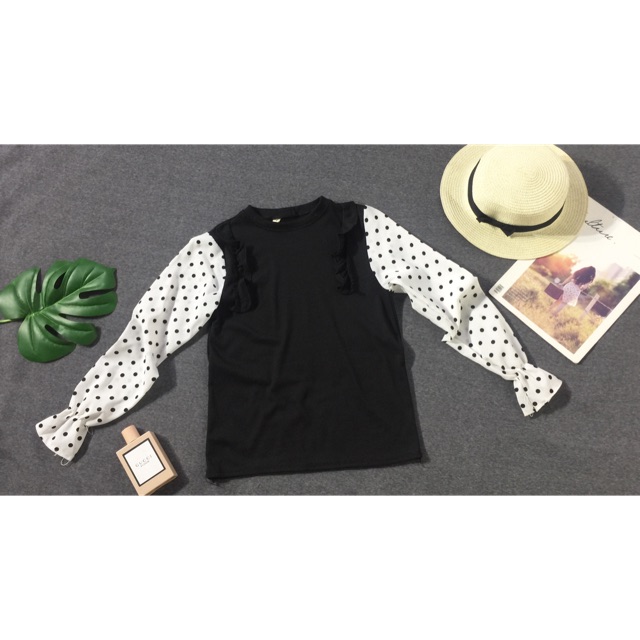 🍓 Áo thun len phối tay chấm bi