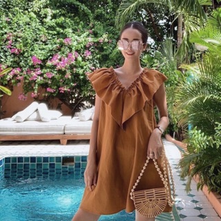 Đầm cổ V phối bèo 2 màu (kèm hình thật)