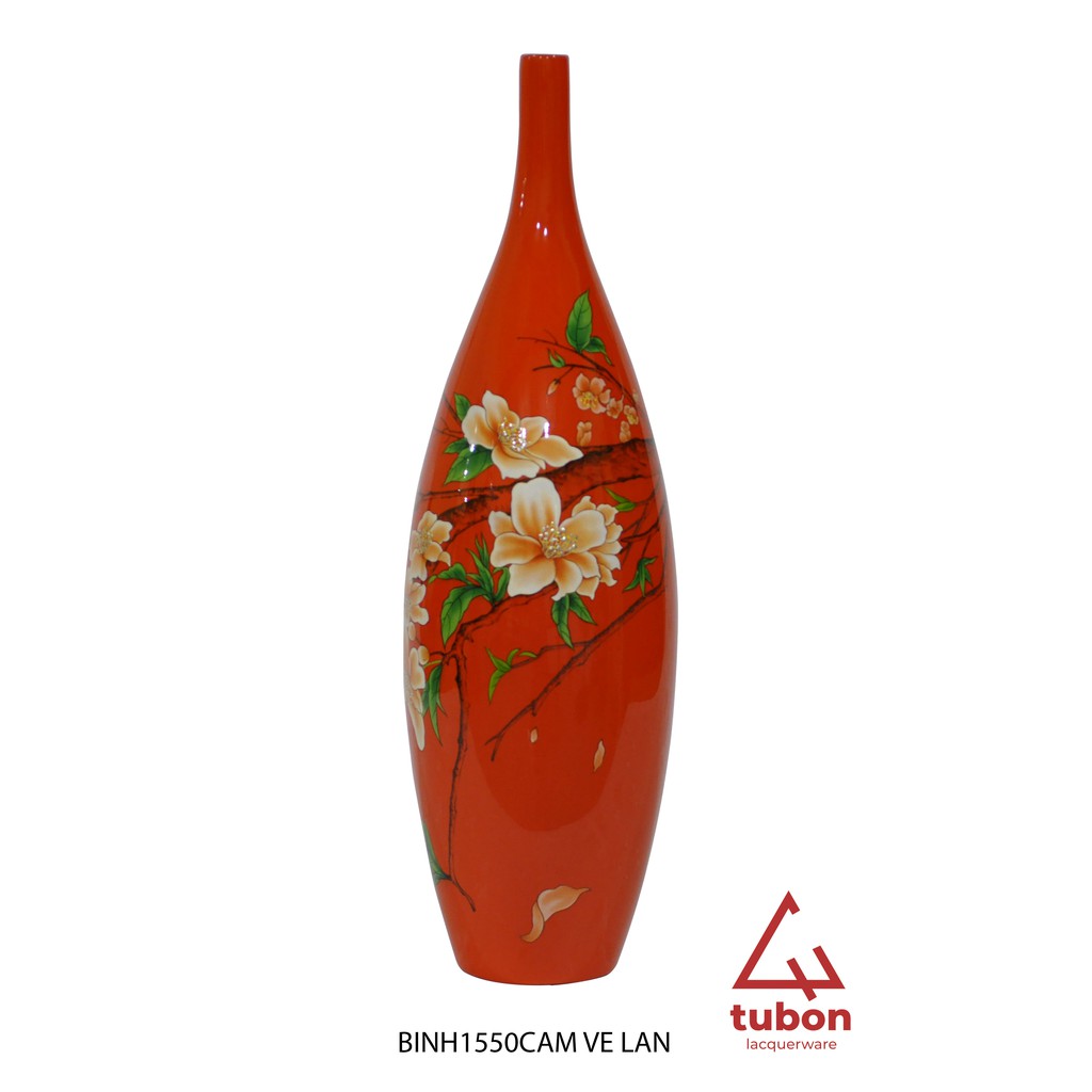 BÌNH HOA SƠN MÀI MÀU CAM VẼ LAN SIZE NHỎ 15x50CM
