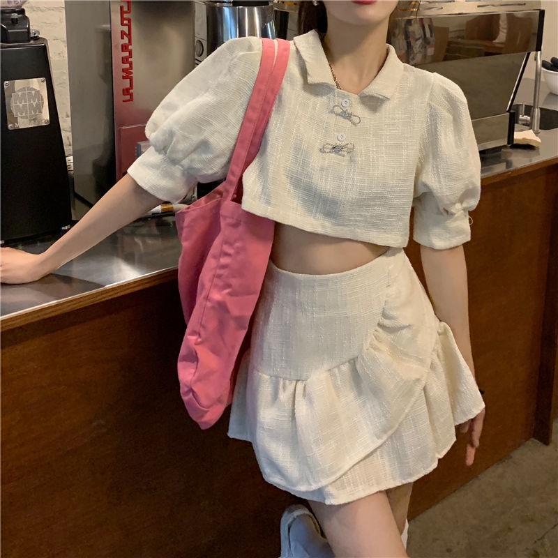 AMOI Set Áo Tay Phồng Kẻ Sọc Ca Rô Phối Chân Váy Xếp Ly Thời Trang 2022 Dễ Thương Cho Nữ