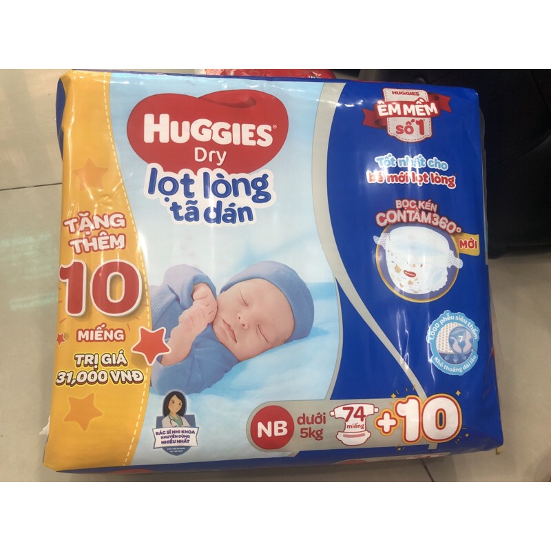 [SIÊU TỐC]Tã dán sơ sinh Huggies size NB 74 miếng (Tặng kèm 10M)