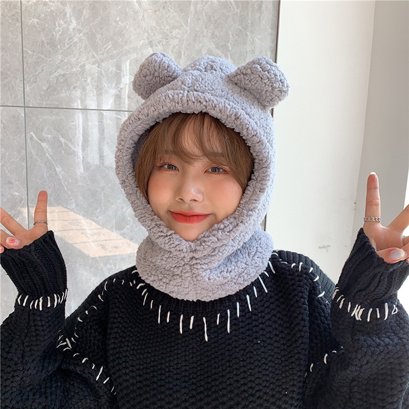 Mũ Len Trùm Tai Kiêm Khăn Choàng Cổ 3 Trong 1 Giữ Ấm Mùa Đông Bằng Vải Bông Mềm Mại Thoải Mái Hình Gấu Dễ Thương