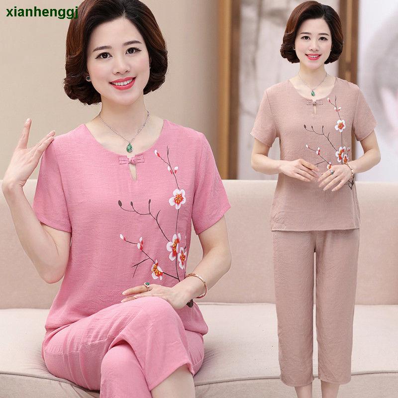Set Áo Thun Ngắn Tay + Quần Dài Vải Lanh Cotton Thời Trang Mùa Hè Cho Phụ Nữ Trung Niên Từ 40-50 Tuổi