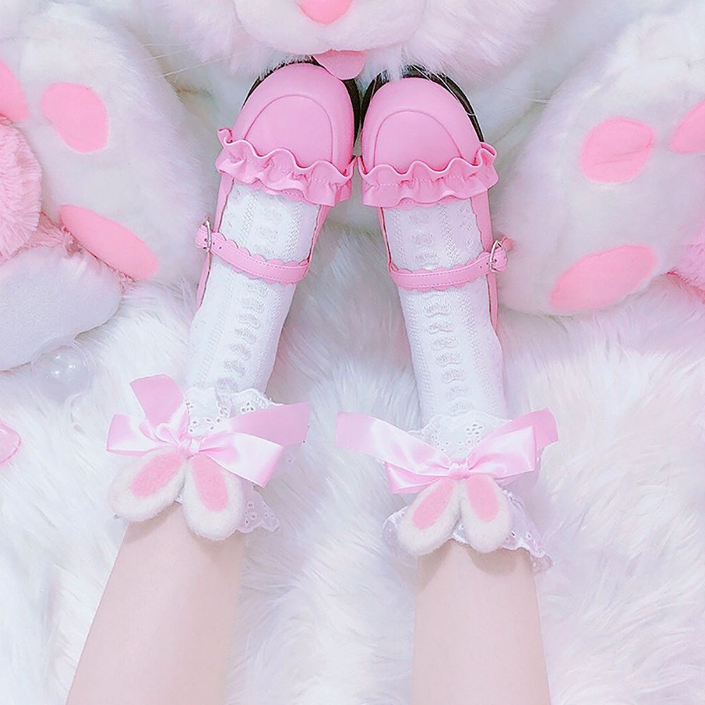 Vớ Lolita phối bèo và ren rỗng hình trái tim trang trí hình tai thỏ thoáng khí mềm mại đáng yêu dành cho bạn nữ