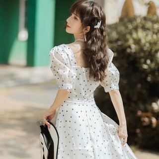 Đầm bi trắng cổ vuông form dài, váy dạo phố, váy du lịch xuongvnxk vnxk