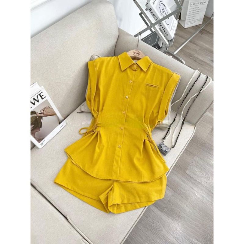 Set áo thắt nơ eo + short.