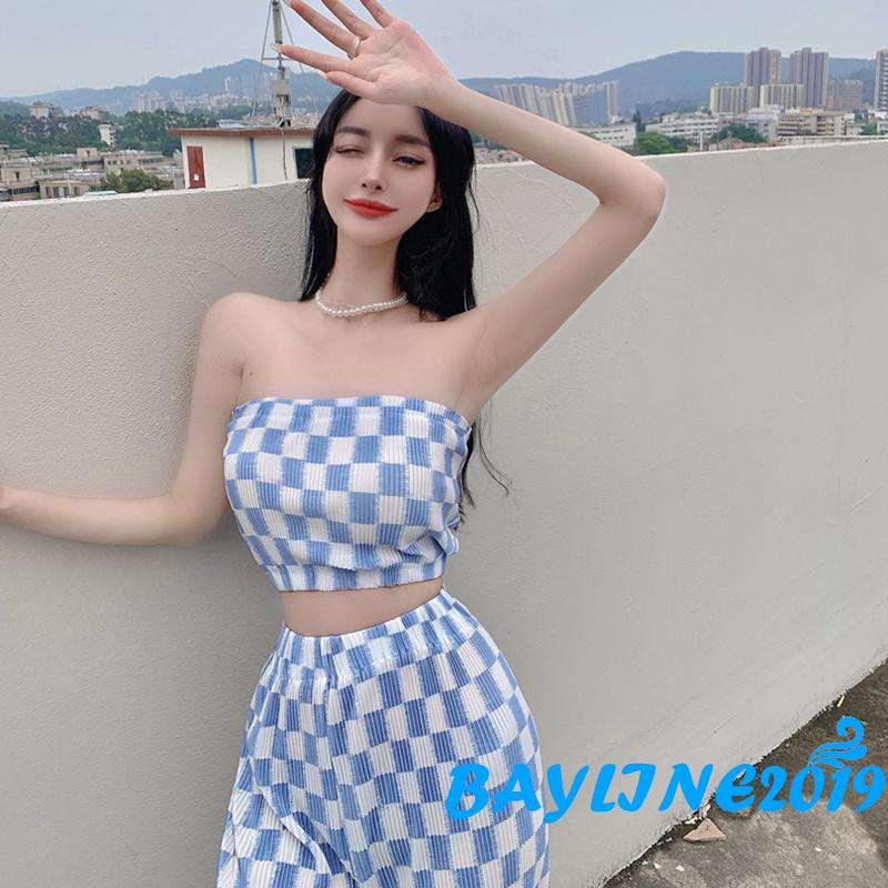 Bay-Women 2PCS Outfits, Check Pattern Sleeveless Tube Tops, High Waist Long Wide Leg Pants