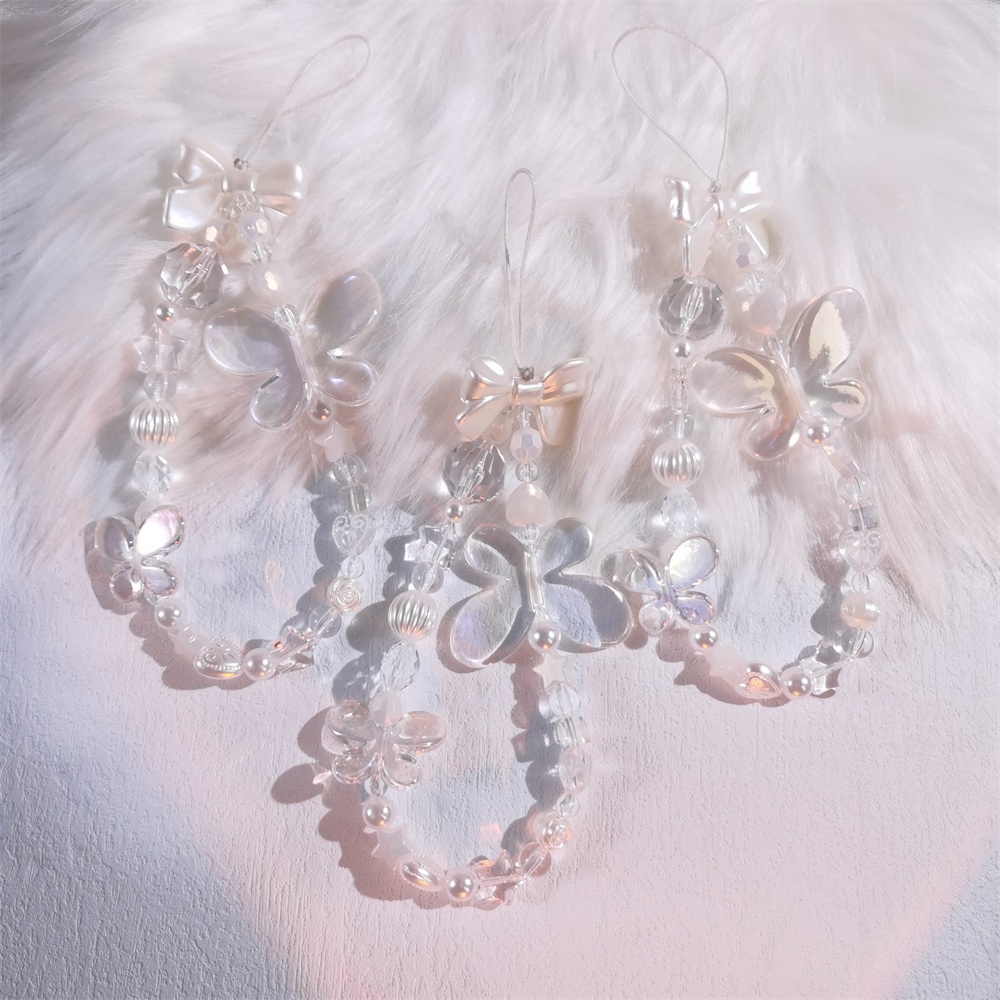 Dây Đeo Điện Thoại Bằng Acrylic Mềm Chống Thất Lạc Hình Bướm Màu Laser Đính Hạt Ngọc Trai Dễ Thương