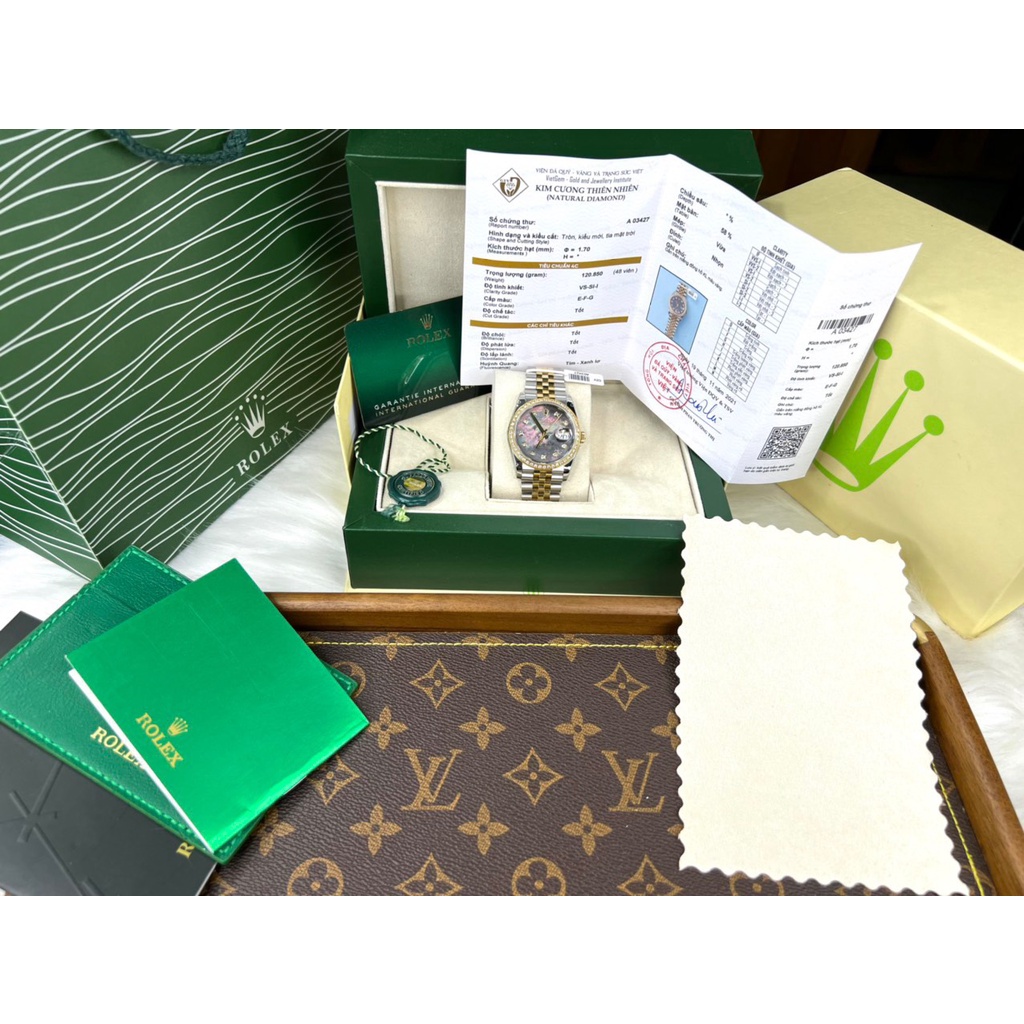 Đồng hồ nam Rolex DateJust 36mm máy ETA 3235 Thụy Sĩ cao cấp, mặt MOP khảm vân, bọc vàng, độ kc thiên nhiên