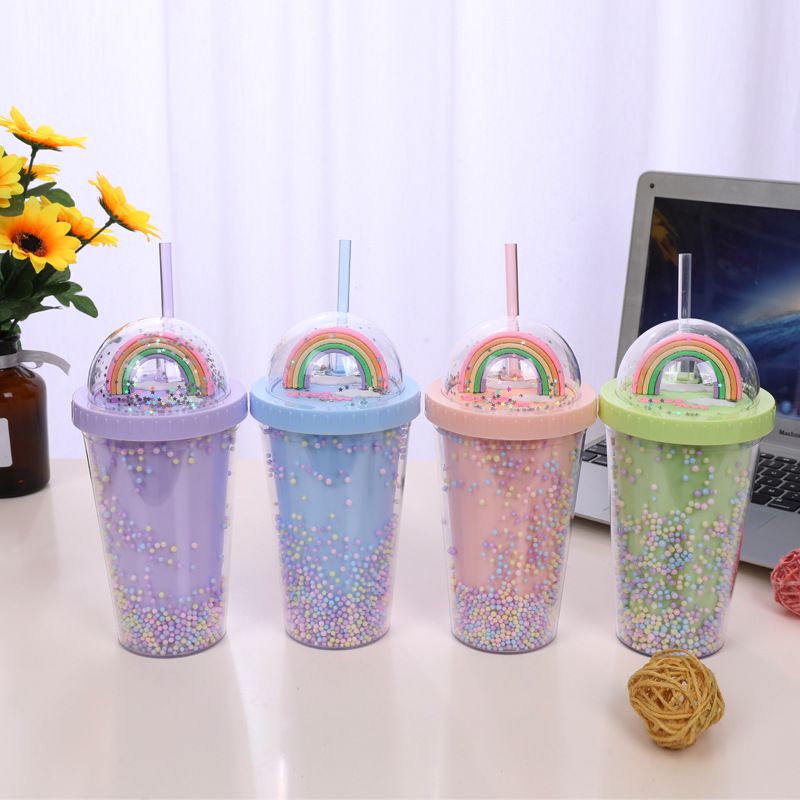 LY NƯỚC CẦU VÒNG HAI LỚP NHỰA GIỮ NHIỆT CÓ ỐNG HÚT VÀ BÔNG TUYẾT MÀU RAINBOW