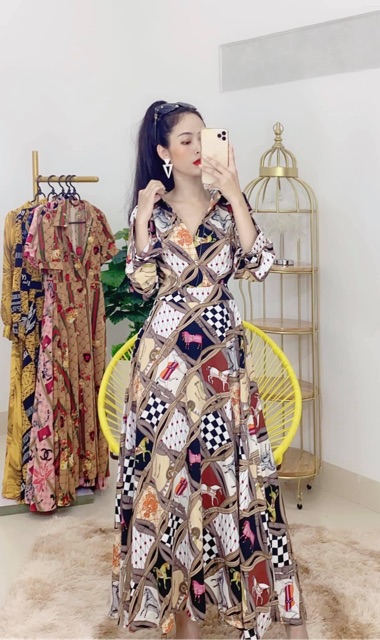 Đầm maxi cổ sơ mi tay dài bồng