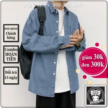 Áo sơ mi jean nam form rộng dài tay màu xanh phong cách Hàn Quốc PON.MENS