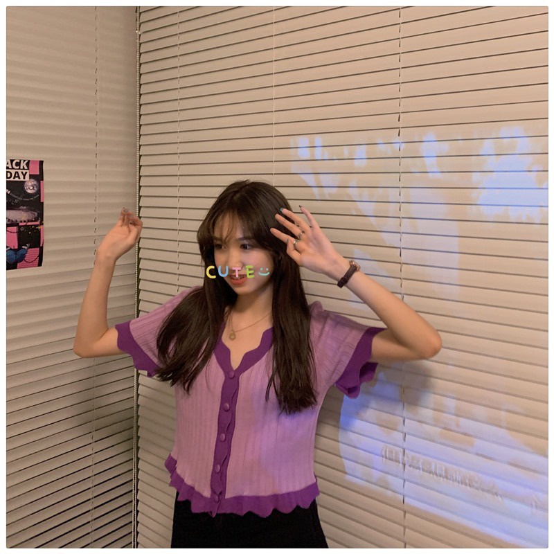 Áo Cardigan Dệt Kim Ngắn Tay Cổ Chữ V Dáng Ôm Xinh Xắn Thời Trang