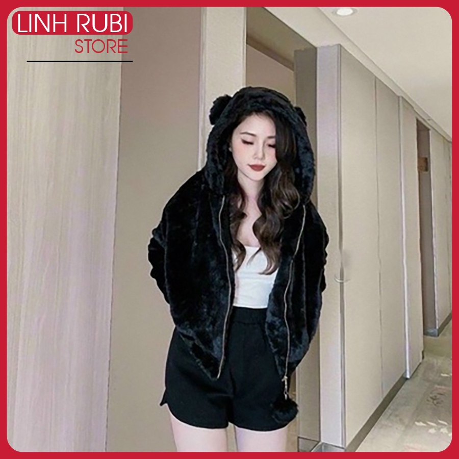 A159 - Áo khoác nữ LINH RUBI STORE áo lông gấu có mũ hàng 2 lớp dày dặn kèm quả bông móc khóa