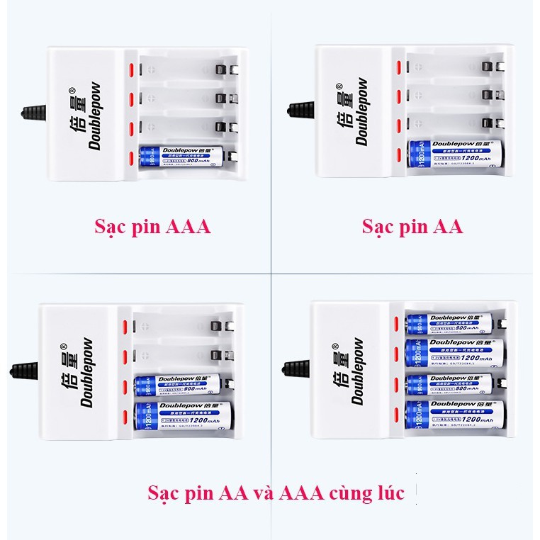 Bộ sạc pin Doublepow chính hãng dùng để sạc pin AA/AAA Kèm 04 pin sạc AA