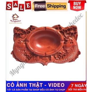 Gạt tàn thuốc bằng gỗ gõ cao cấp, chạm khắc hình cá chép tài lộc
