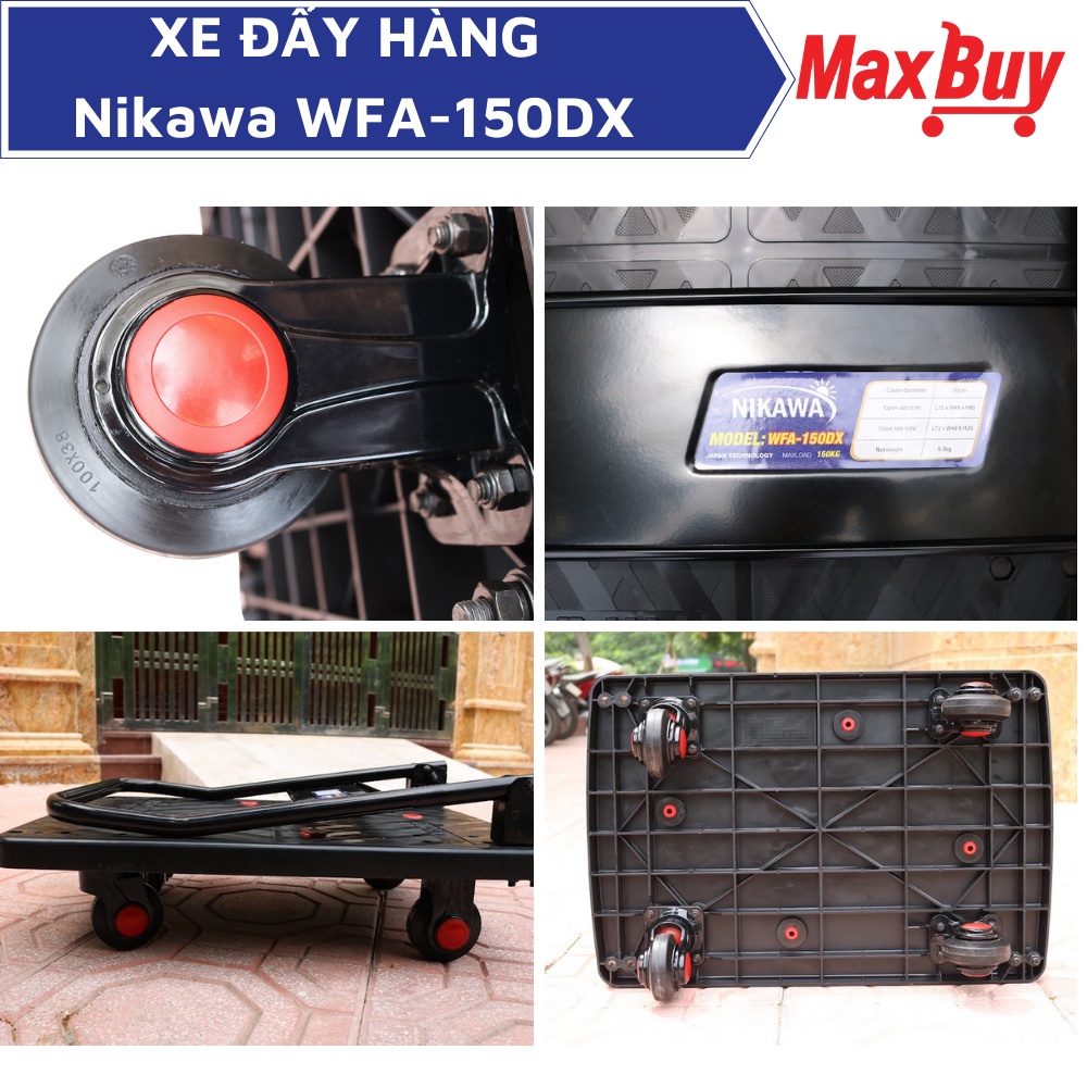 Xe đẩy hàng kéo hàng 4 bánh chống ồn sàn nhựa tay cầm thép 150kg Nikawa , bảo hành 18 tháng, hỏa tốc HN WFA-150DX MAXBUY