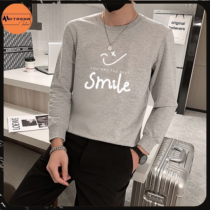 Áo thu đông nam tay dài đẹp chất cotton nỉ cổ tròn có bo tay bụng in Smile mã NZ696