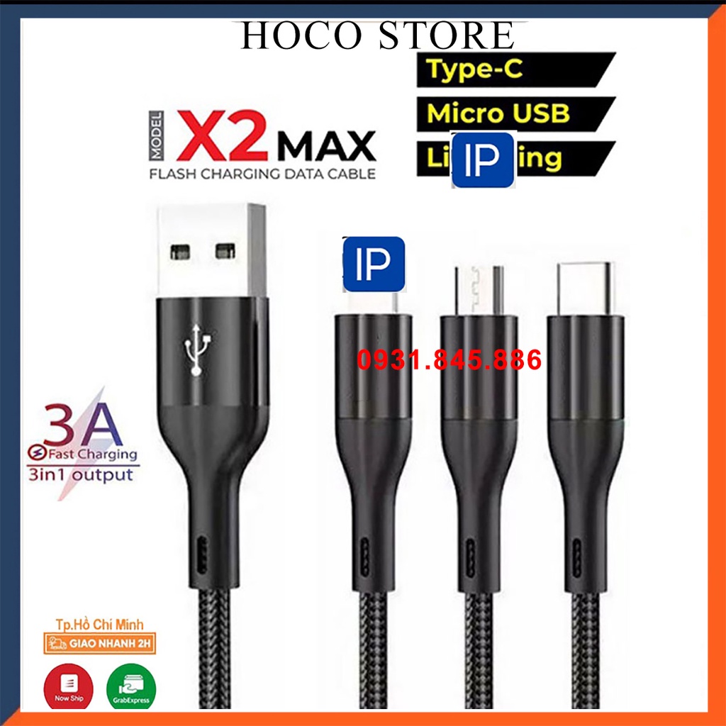 Cáp sạc nhanh Siêu Bền 3 đầu x2Max 3A dây dù dài 1m- Bh12 Tháng