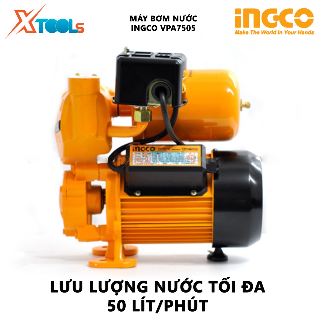 Máy bơm nước INGCO VPA7505 Máy bơm tăng áp Điện thế 220-240V~50Hz Công suất 750W(1.0HP) Chiều cao bơm tối đa 44 m bơm nư