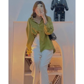 Set Áo Sơ Mi Xanh  Quần Kaki Trắng JOLIE Nữ [FREESHIP] 🌸 Bộ đồ phông form rộng tay lỡ culottes suông ống rộng Ulzzang.
