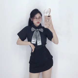 Áo sơ mi trơn đính nơ chữ hiệu cực xinh , chất kate lụa mềm mịn