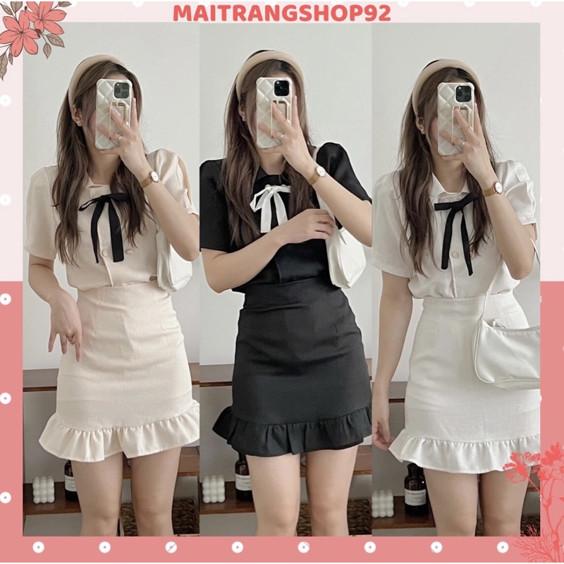 Set bộ đồ nữ Hàn Quốc chất liệu dạ text gồm áo cộc tay thắt nơ kèm chân váy ngắn đuôi cá siêu tiểu thư (TTA142)