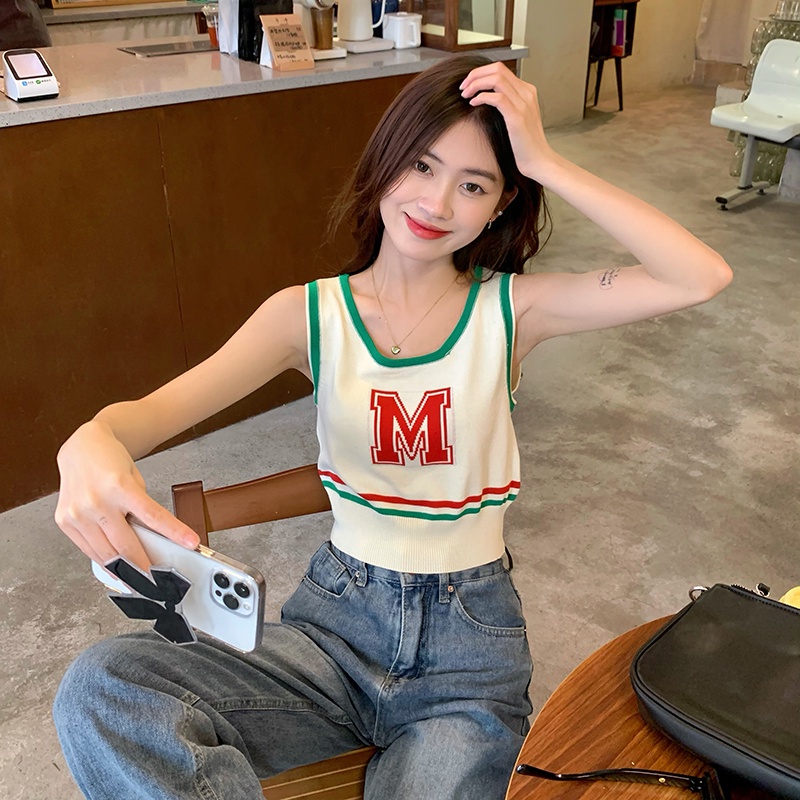 Porozi  Áo croptop hai dây dệt kim  sát nách in chữ thời trang Hàn Quốc cho nữ