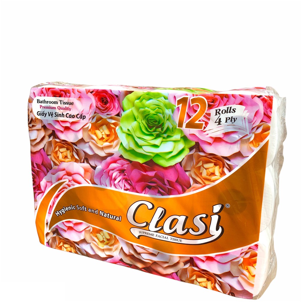 giấy mylan, giấy vệ sinh clasi hoa hồng 4 lớp chiết xuất 100% bột gỗ thông nguyên chất (15 cuộn/ 1.9kg/ xách)