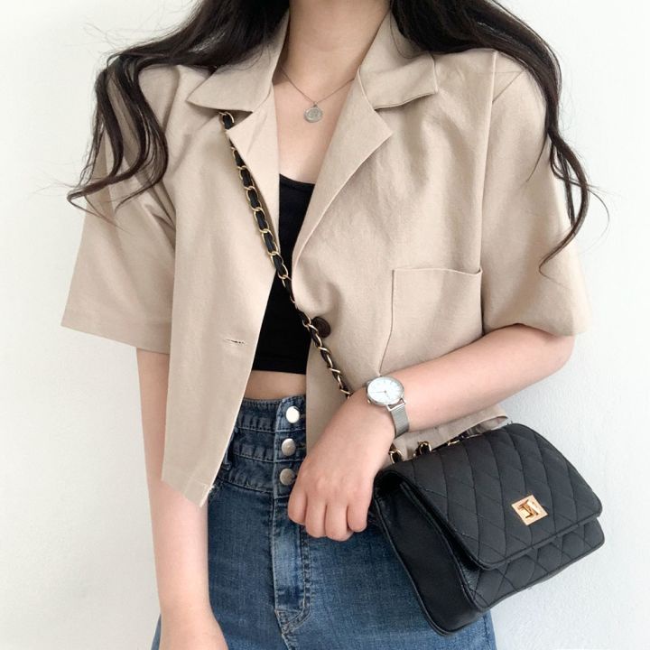 Áo khoác Blazer nữ 1 cúc Tay ngắn Thiết kế Hàn Quốc Blazer khoác lửng nữ Dáng ngắn Phong cách Retro Vintage Thời trang | BigBuy360 - bigbuy360.vn