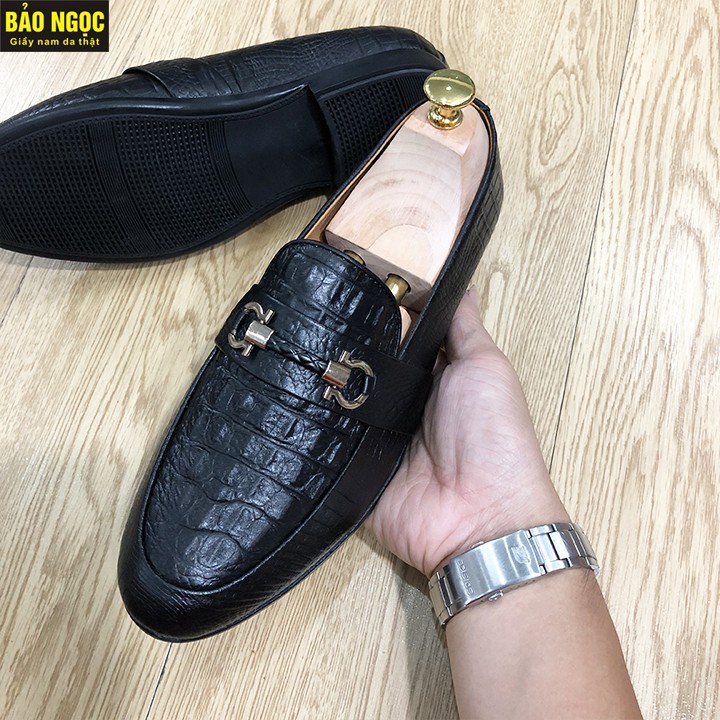 GIÀY LƯỜI IN CÁ SẤU BĂNG XÍCH CỰC CHẤT - GIẦY LƯỜI NAM DA BÒ 100% DẬP VÂN CÁ SẤU, ĐẾ CAO SU- MÃ K15 ĐEN