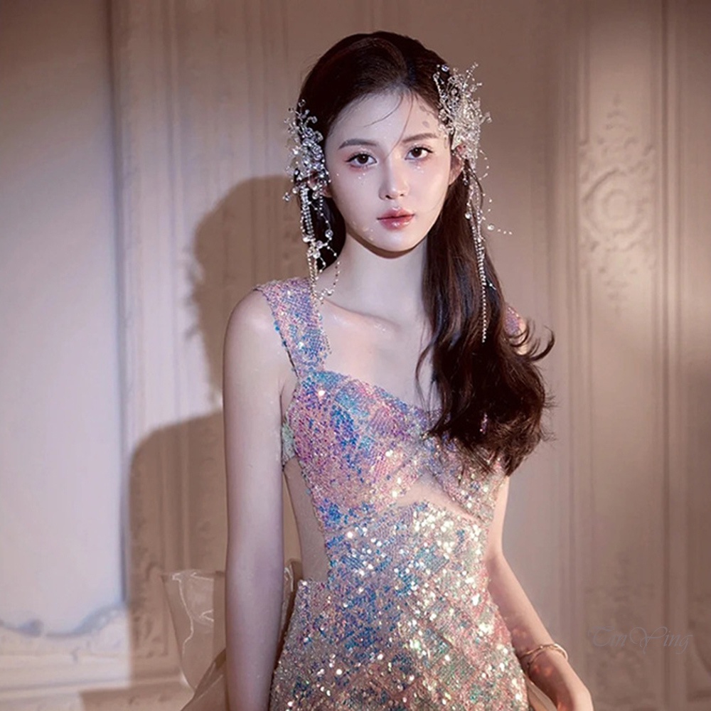 Cặp kẹp tóc GETNOIVAS lấp lánh phối tua rua trong suốt phong cách Trung Hoa