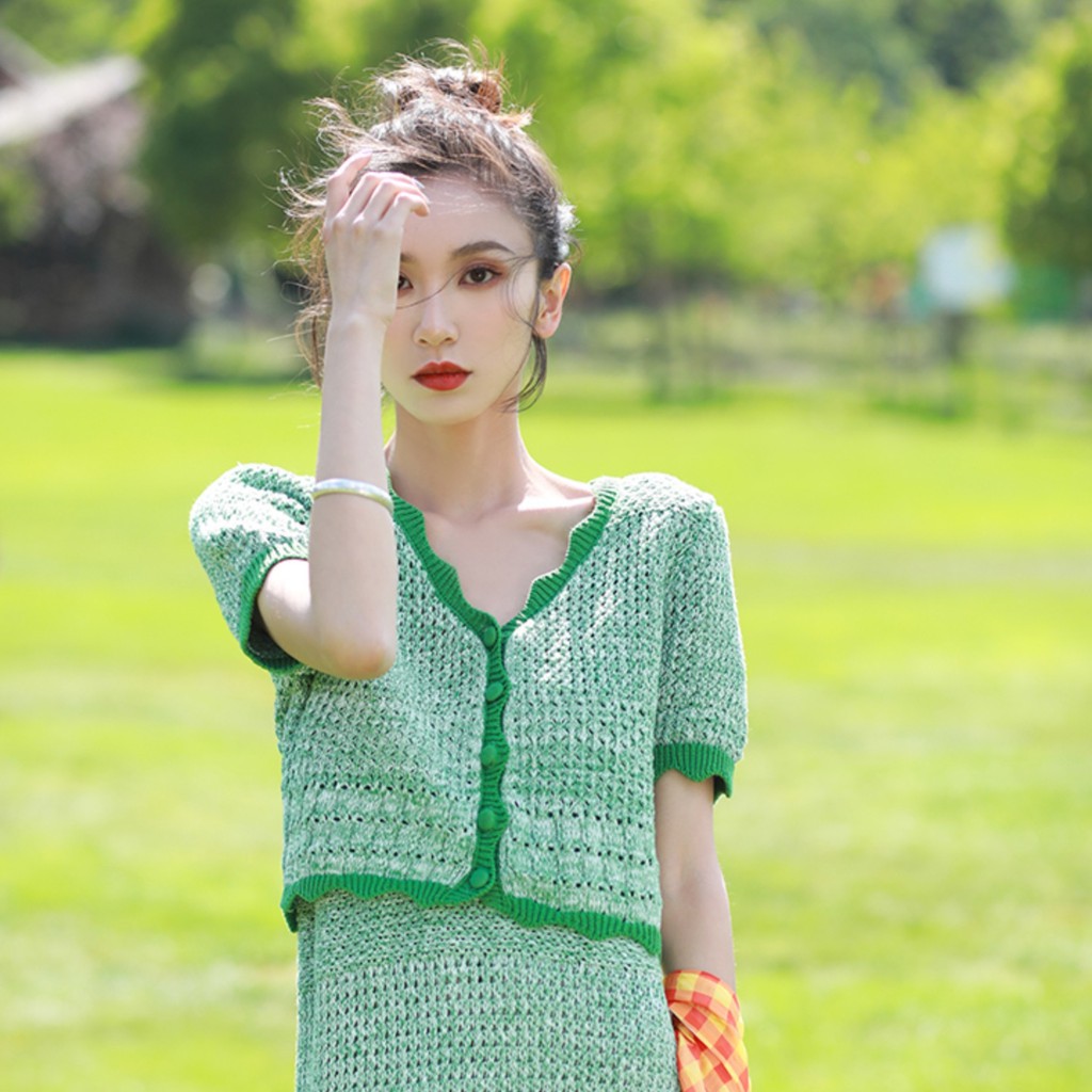 Xiaozhainv Áo dệt kim ngắn tay cổ chữ V phong cách Hàn Quốc thời trang mùa hè dành cho nữ quần áo