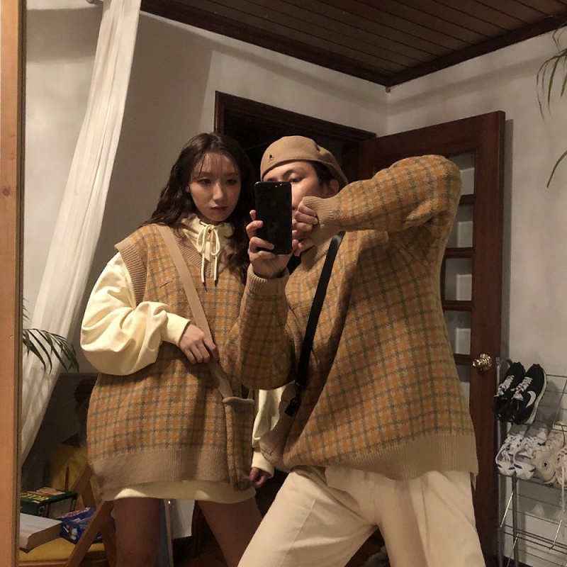 Áo khoác dệt kim Pure Cube cổ chữ V dáng rộng họa tiết sọc caro thời trang cho nữ