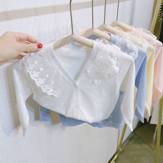 Áo khoác len cardigan mỏng phối ren xinh xắn cho bé gái