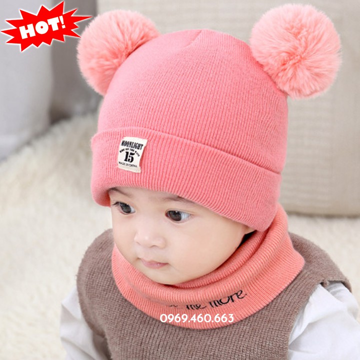 XẢ HÀNG Bộ Khăn Mũ Len Cho Bé Trai Bé Gái. Nón Len Hai Quả Bông + Khăn Cổ Siêu Xinh. Mũ Cho Bé từ 1 Tháng Đến 2 Tuổi