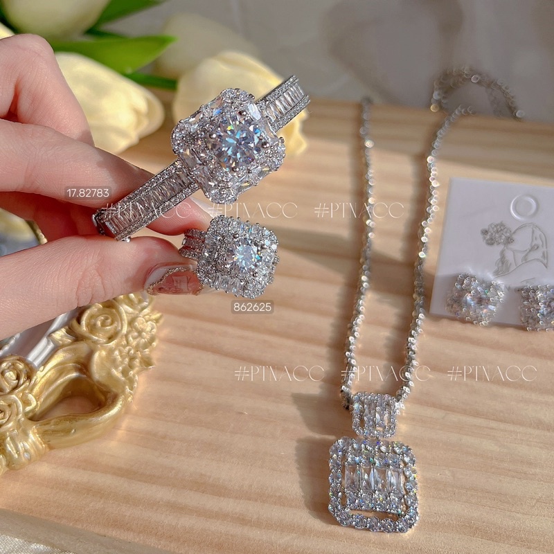Set trang sức, bộ bông tai, dây chuyền, vòng tay, nhẫn xi bạch kim đá vuông đính full paguet .PTNACC.