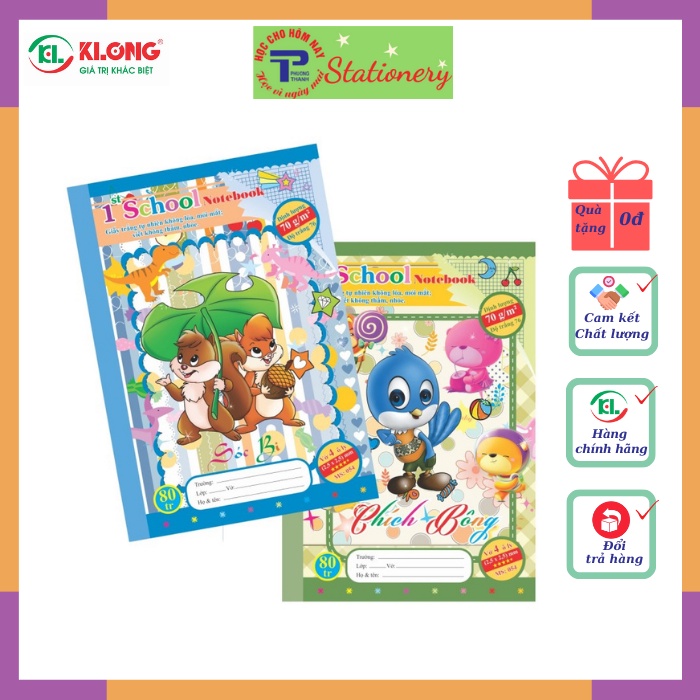 Vở 4 ô ly 48, 80 trang Klong định lượng 70g/m2 bìa hình chích bông, mèo tít, hổ nhi, sóc bi; MS: 053, 054