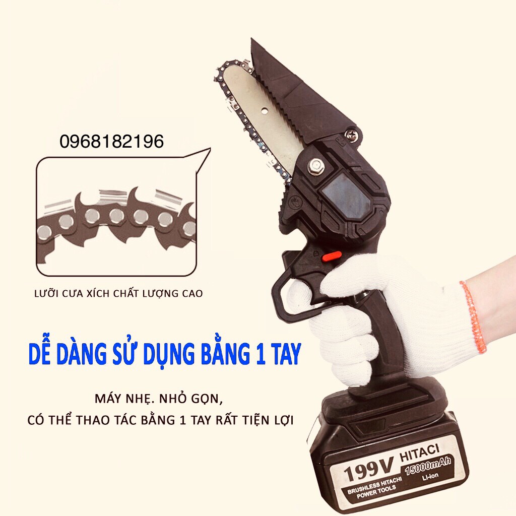 Máy cưa xích dùng pin cầm tay Hitachi 199V- Máy cưa xích Hitachi- Cưa xích chạy pin- Pin 10 cell - Lõi đồng