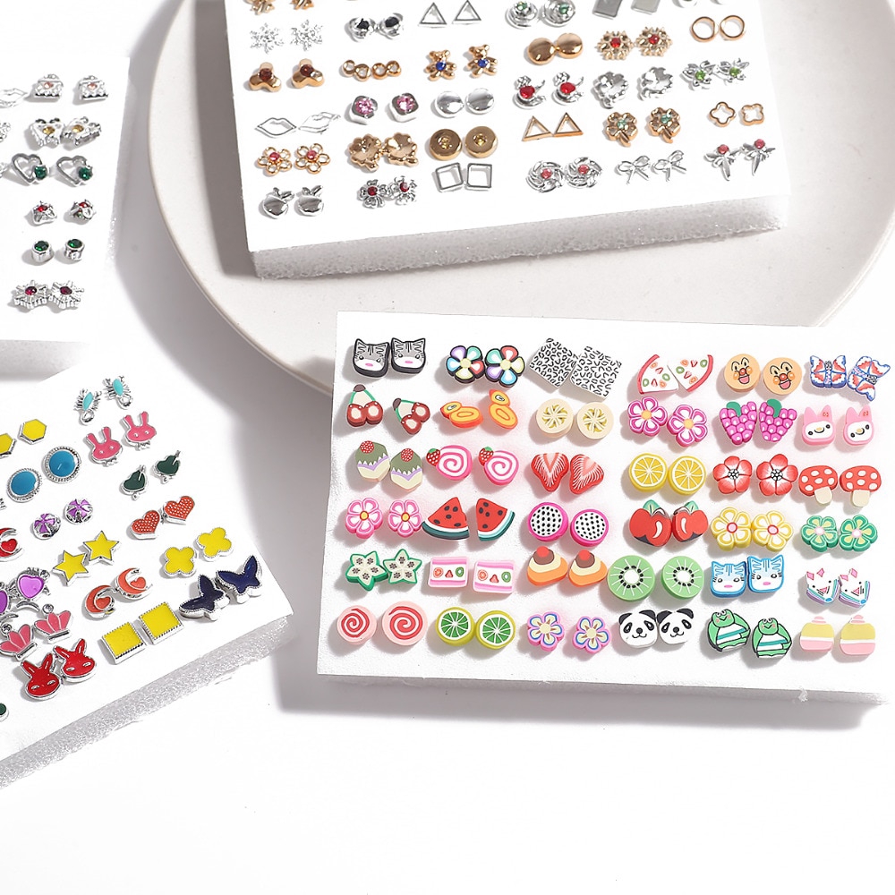 Set 36 đôi bông tai đính đá rhinestone pha lê bông hoa thanh lịch trang sức cho bé gái