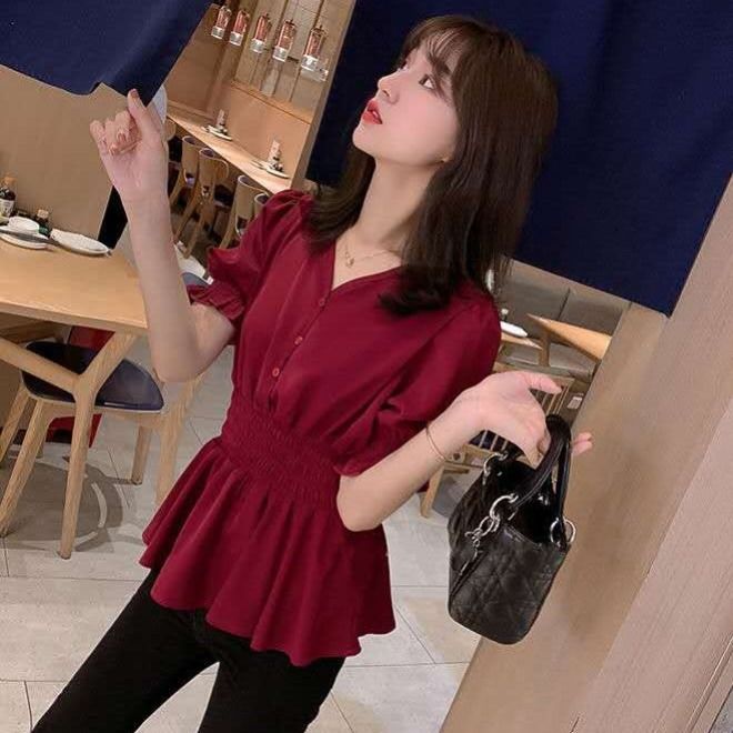 Áo Sơ Mi Voan Cổ Chữ v Tay Ngắn Thắt Eo Mới Thời Trang Mùa Hè Dành Cho Nữ 2022
