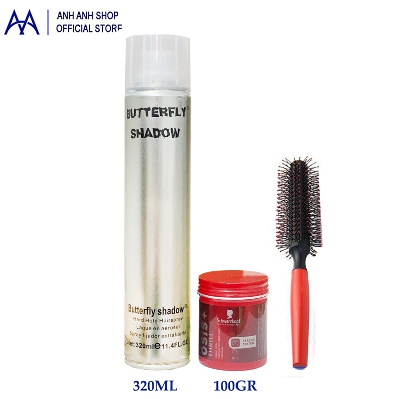 Combo gôm Butterfly Shadow 320ml chính hãng + Sáp vuốt tóc + lược tròn tạo phồng tóc