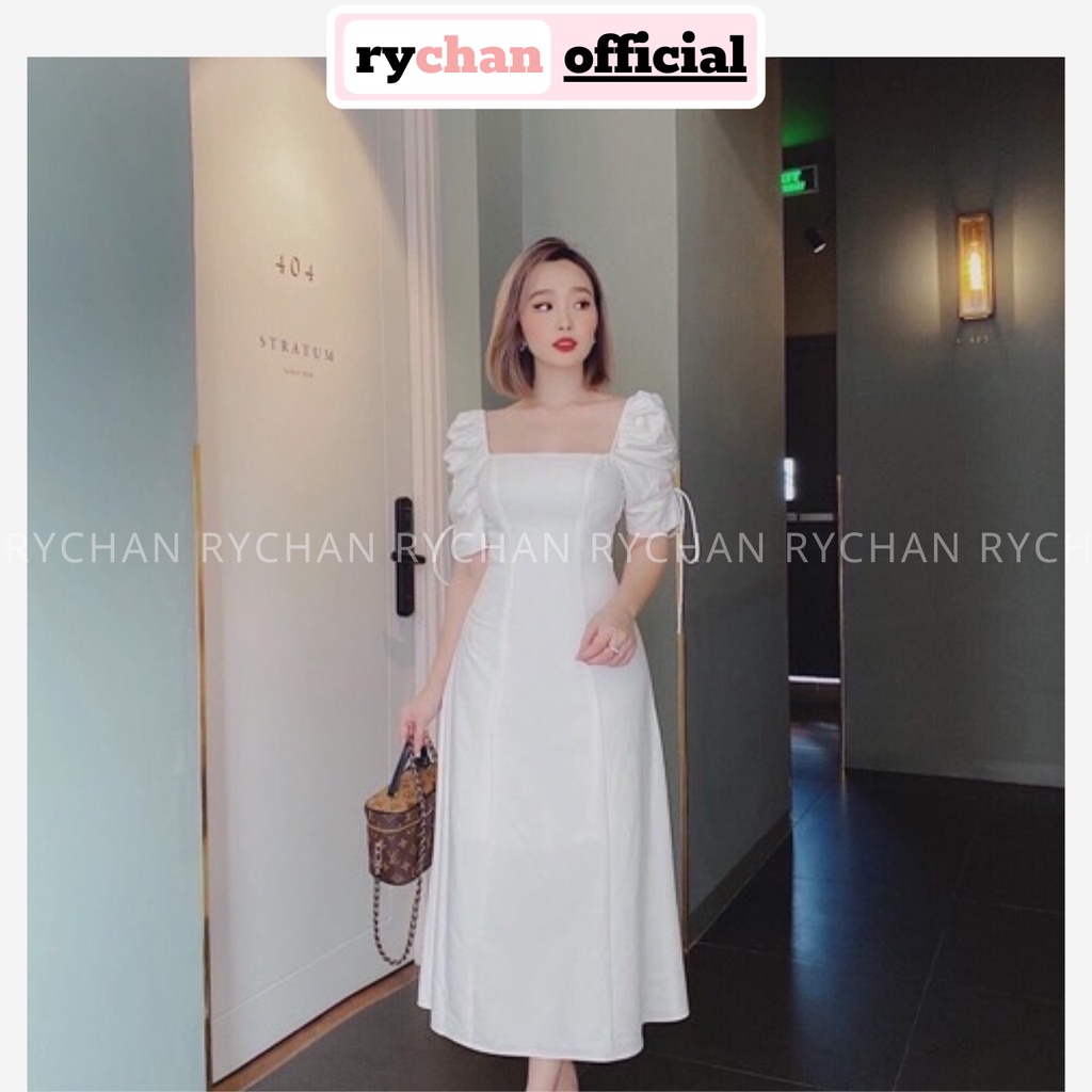 Đầm Váy Nữ Dự Tiệc Cưới Dáng Dài Xòe Cổ Vuông Tay Rút Cực Tôn Dáng Màu Kem Trắng Đen [ẢNH THẬT CUỐI] - DX9813