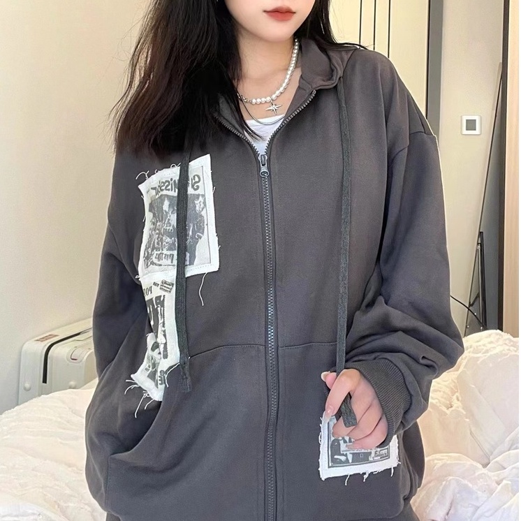 Áo hoodie ZHELIHANGFEI dài tay dáng rộng phong cách retro Mỹ